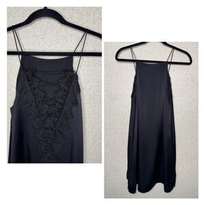 Cami NYC Black 100% Silk Lace Trim Slip Dress Lace-Up Back Mini Dress Size S